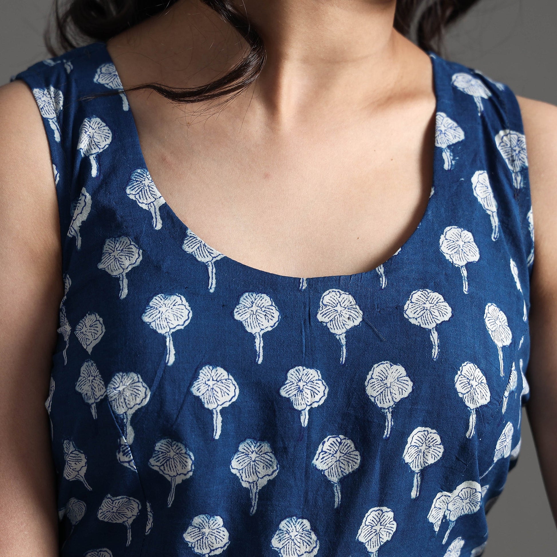 Blue - Bagru Dabu Block Printed Cotton Stitched Sleeveless Blouse