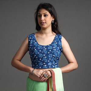 Blue - Bagru Dabu Block Printed Cotton Stitched Sleeveless Blouse