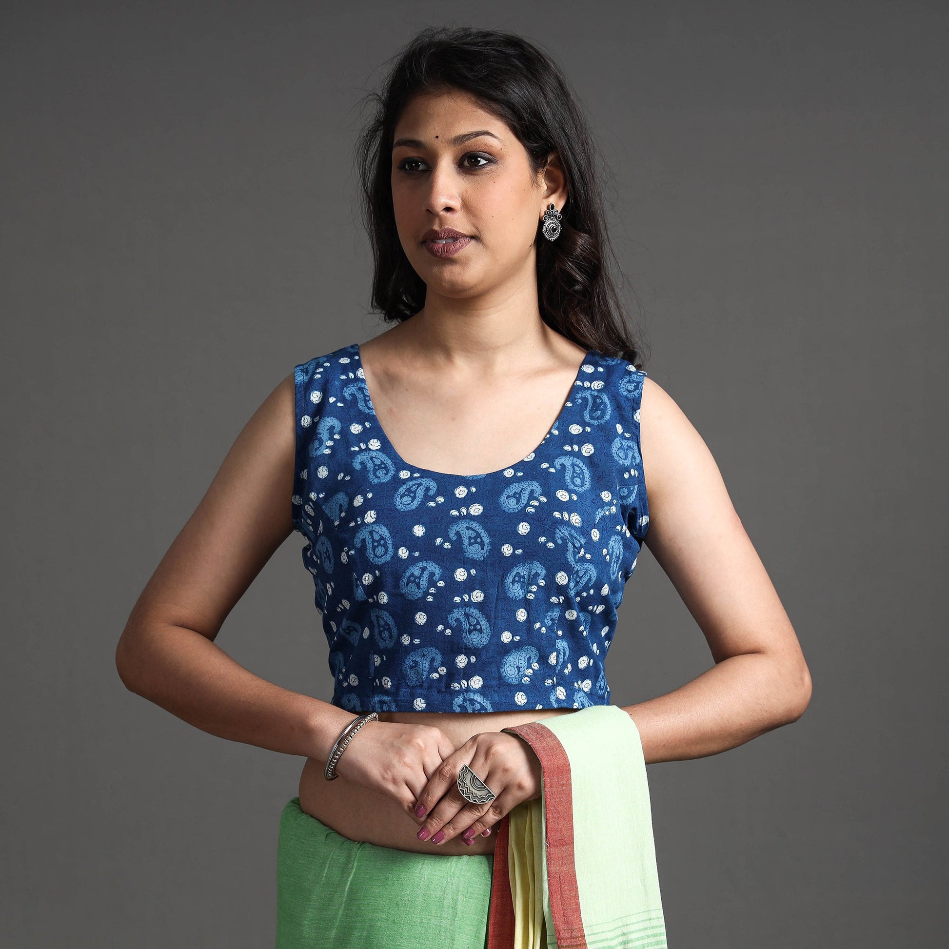 Blue - Bagru Dabu Block Printed Cotton Stitched Sleeveless Blouse