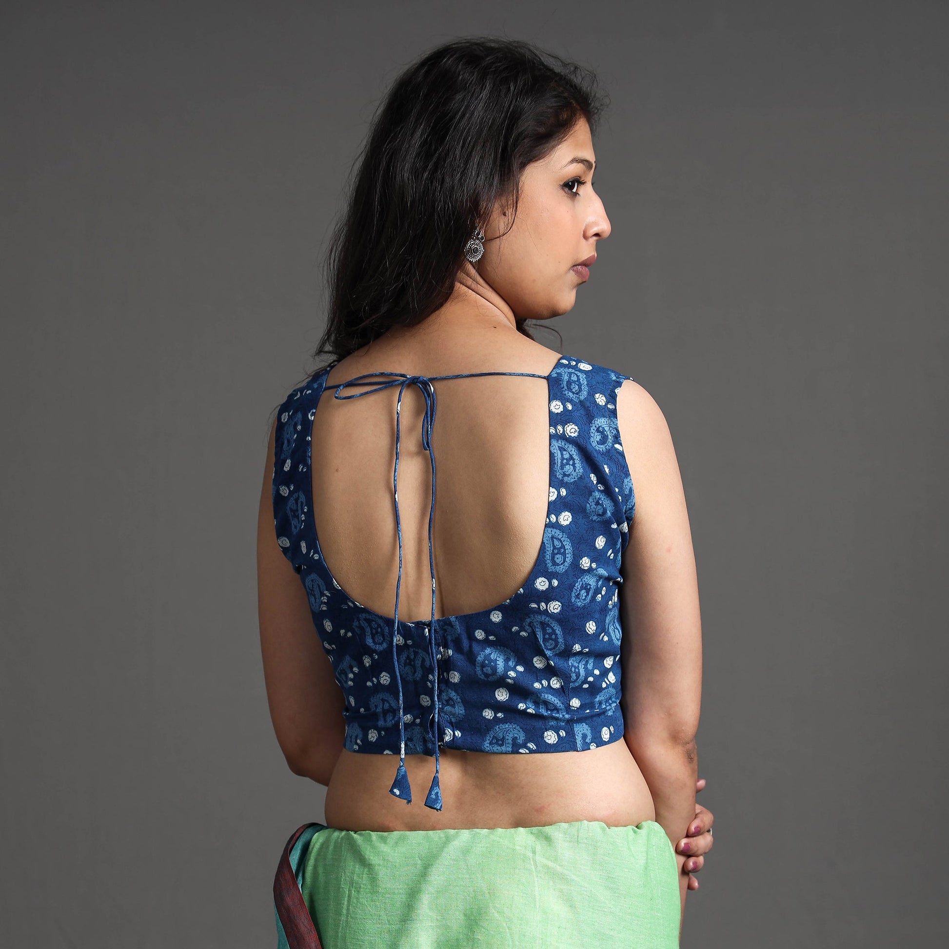 Blue - Bagru Dabu Block Printed Cotton Stitched Sleeveless Blouse