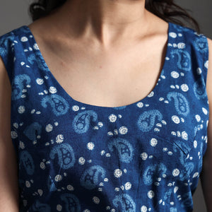 Blue - Bagru Dabu Block Printed Cotton Stitched Sleeveless Blouse
