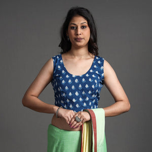 Blue - Bagru Dabu Block Printed Cotton Stitched Sleeveless Blouse