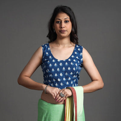 Blue - Bagru Dabu Block Printed Cotton Stitched Sleeveless Blouse