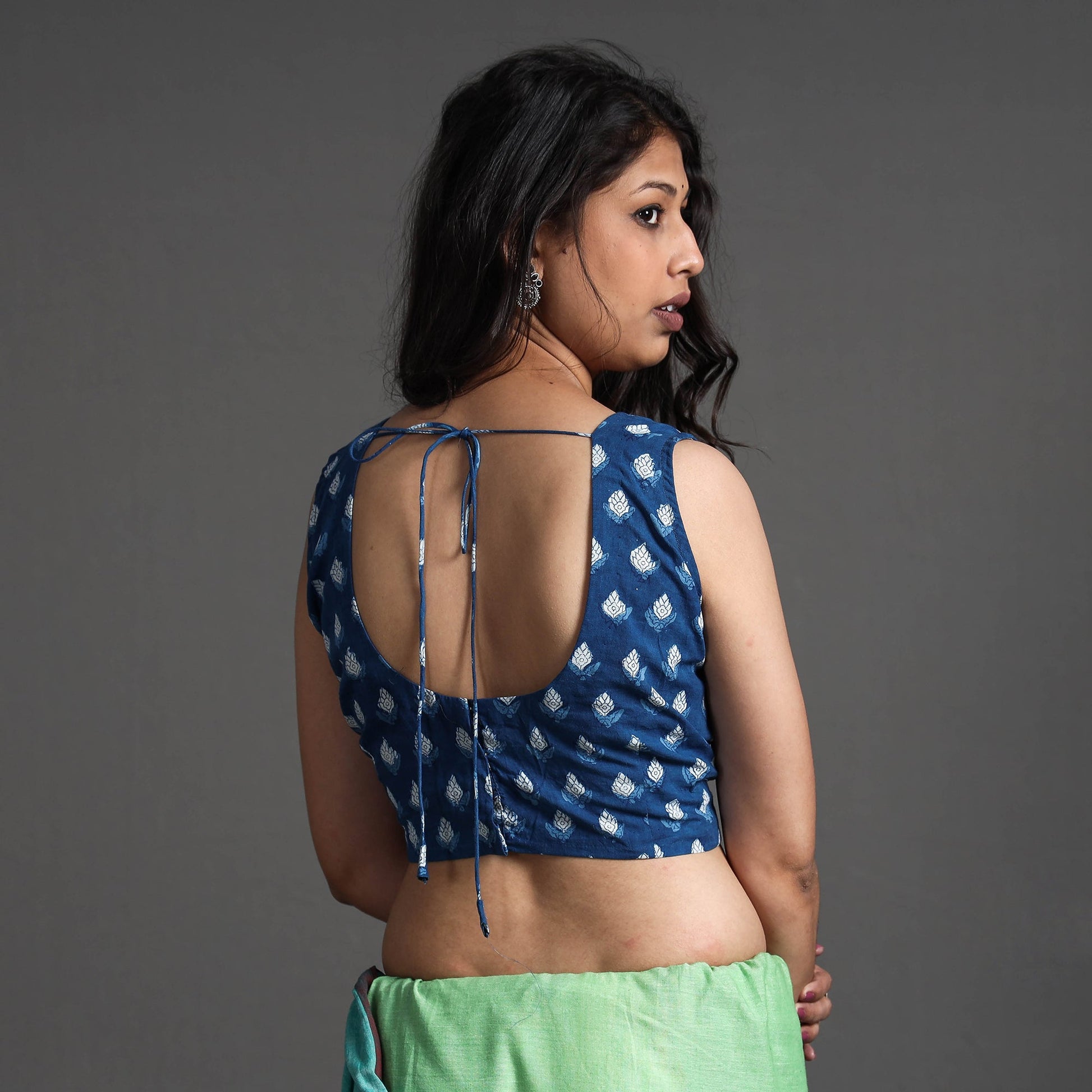 Blue - Bagru Dabu Block Printed Cotton Stitched Sleeveless Blouse