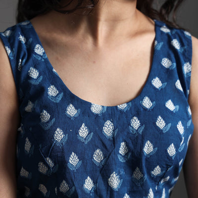 Blue - Bagru Dabu Block Printed Cotton Stitched Sleeveless Blouse