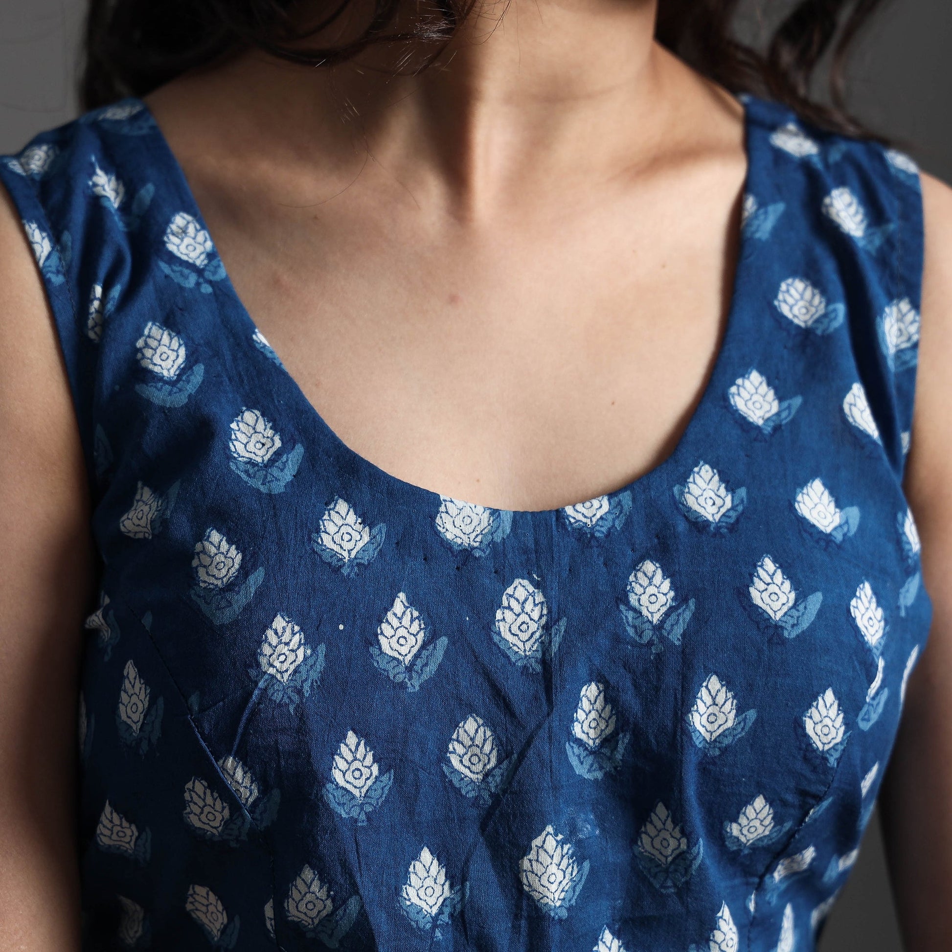 Blue - Bagru Dabu Block Printed Cotton Stitched Sleeveless Blouse