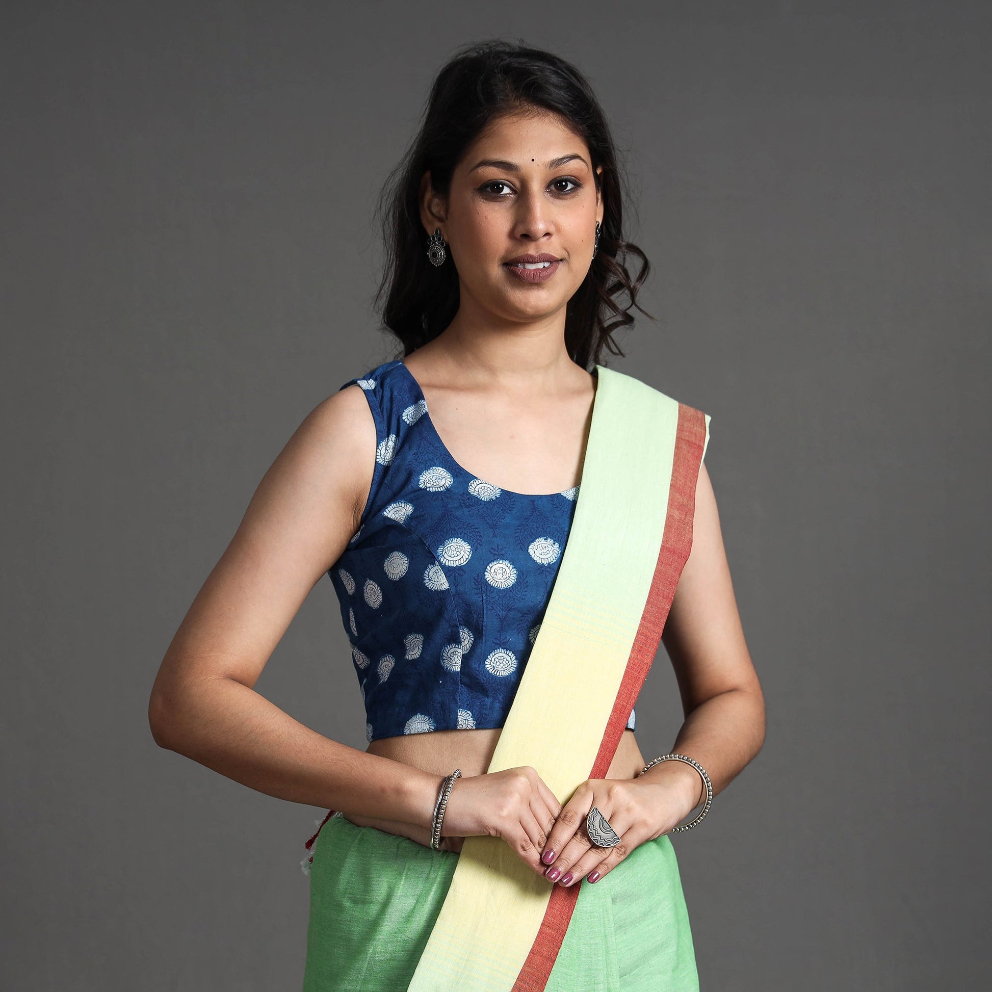 Blue - Bagru Dabu Block Printed Cotton Stitched Sleeveless Blouse