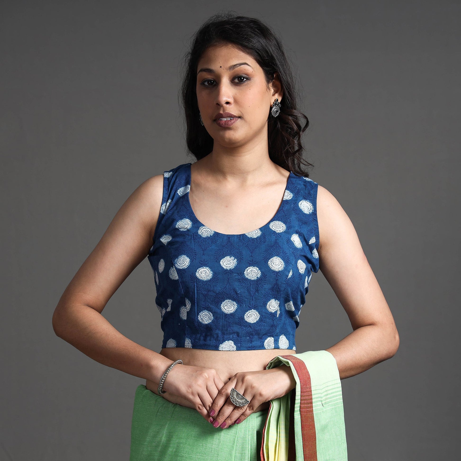 Blue - Bagru Dabu Block Printed Cotton Stitched Sleeveless Blouse