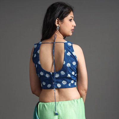 Blue - Bagru Dabu Block Printed Cotton Stitched Sleeveless Blouse