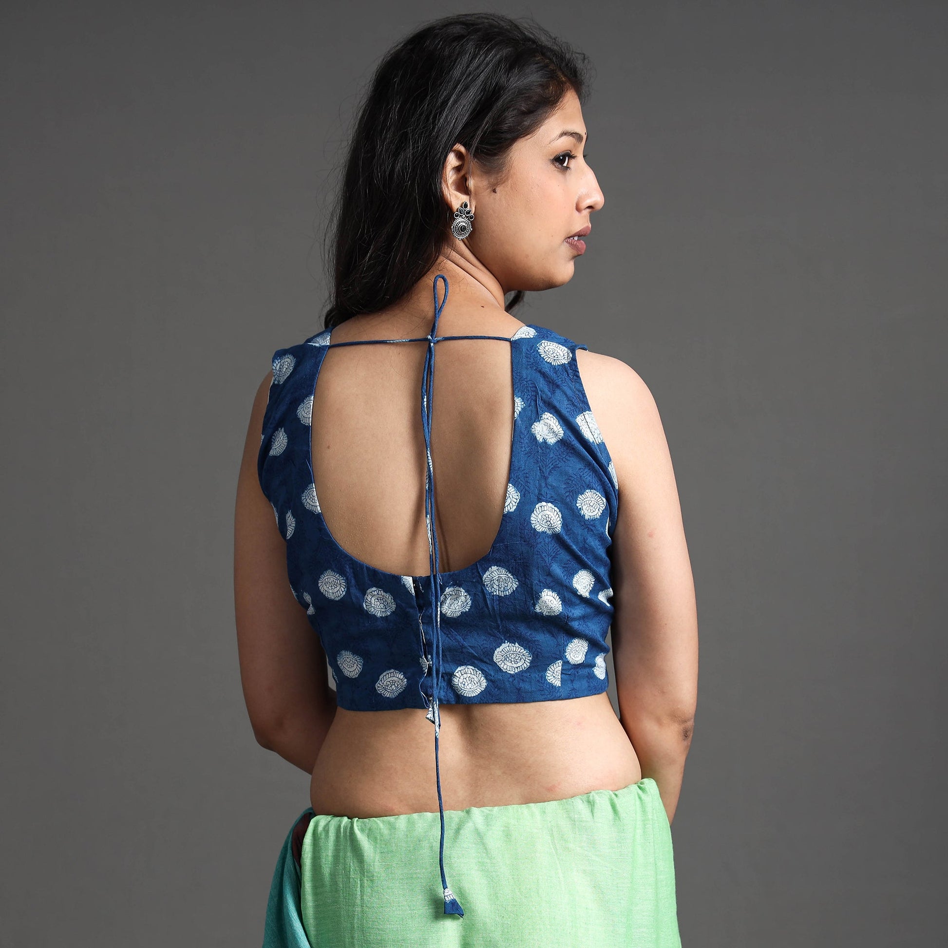 Blue - Bagru Dabu Block Printed Cotton Stitched Sleeveless Blouse
