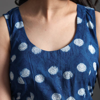 Blue - Bagru Dabu Block Printed Cotton Stitched Sleeveless Blouse