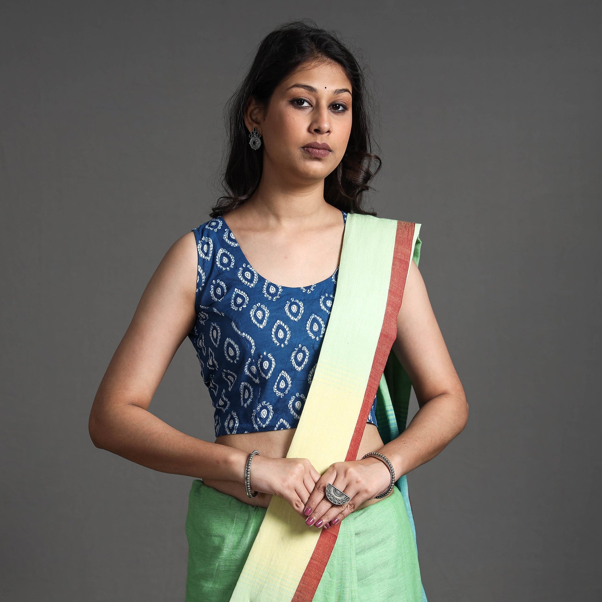 Blue - Bagru Dabu Block Printed Cotton Stitched Sleeveless Blouse