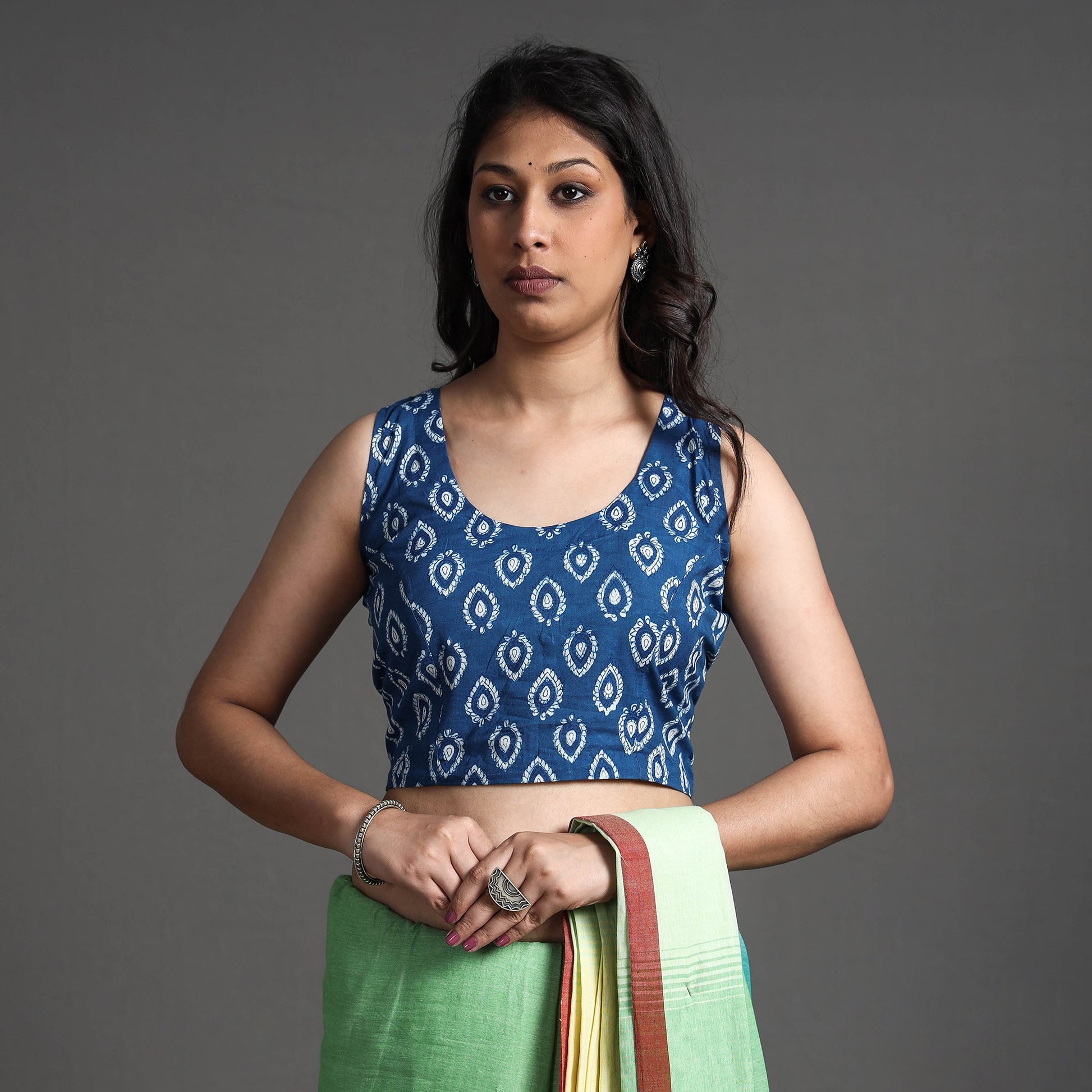 Blue - Bagru Dabu Block Printed Cotton Stitched Sleeveless Blouse