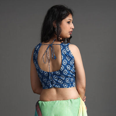 Blue - Bagru Dabu Block Printed Cotton Stitched Sleeveless Blouse