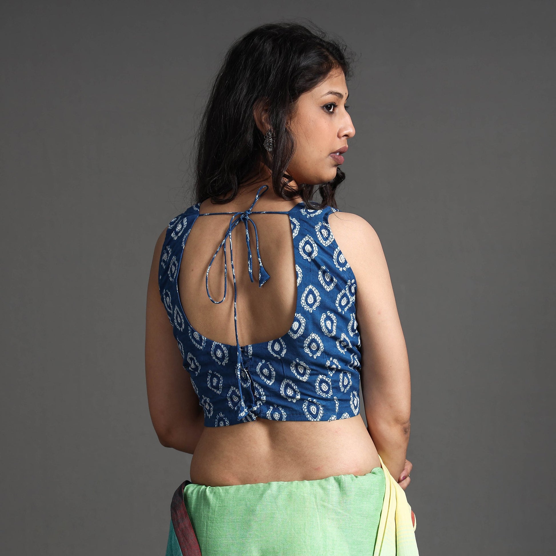 Blue - Bagru Dabu Block Printed Cotton Stitched Sleeveless Blouse
