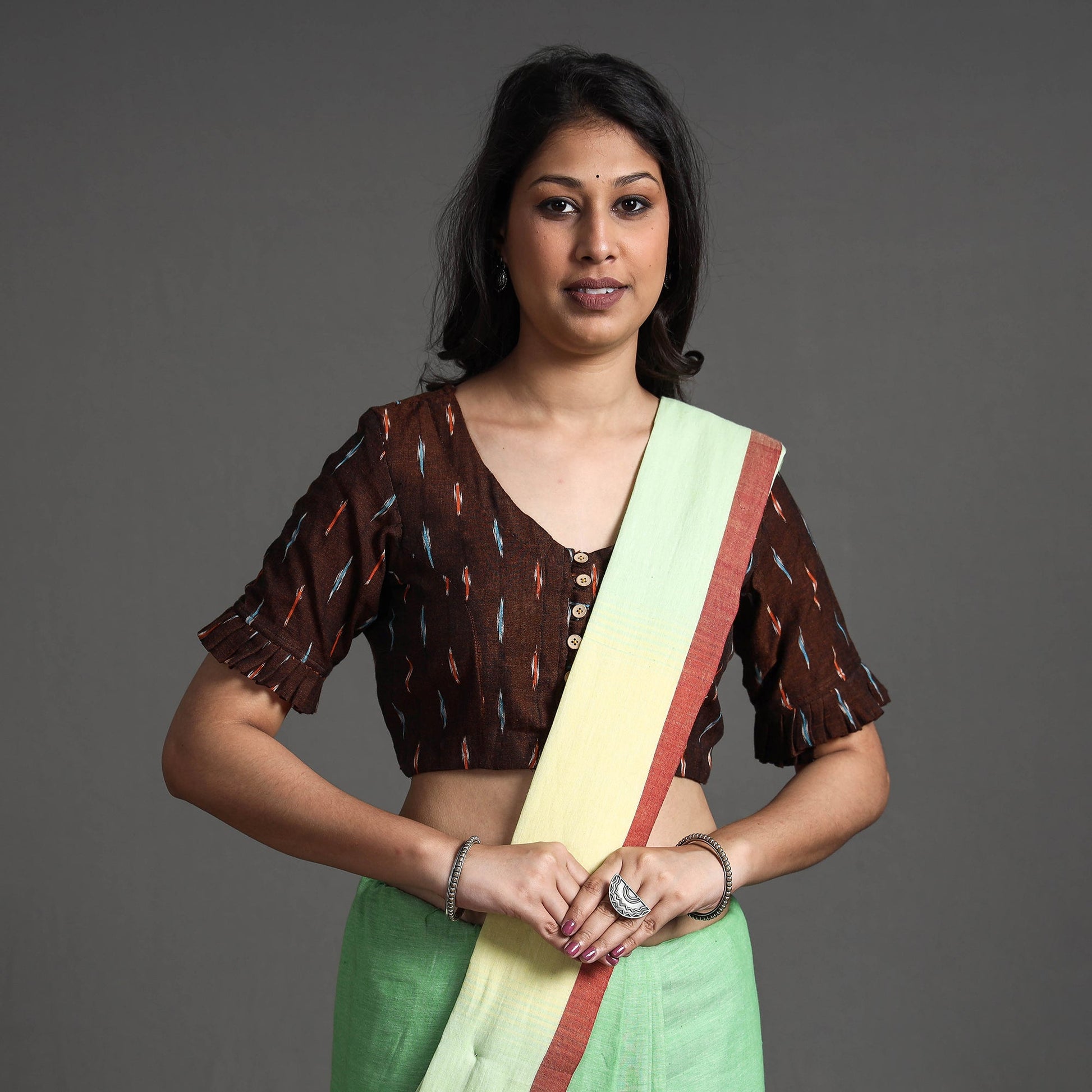 Brown - Pochampally Ikat Cotton Stitched Blouse