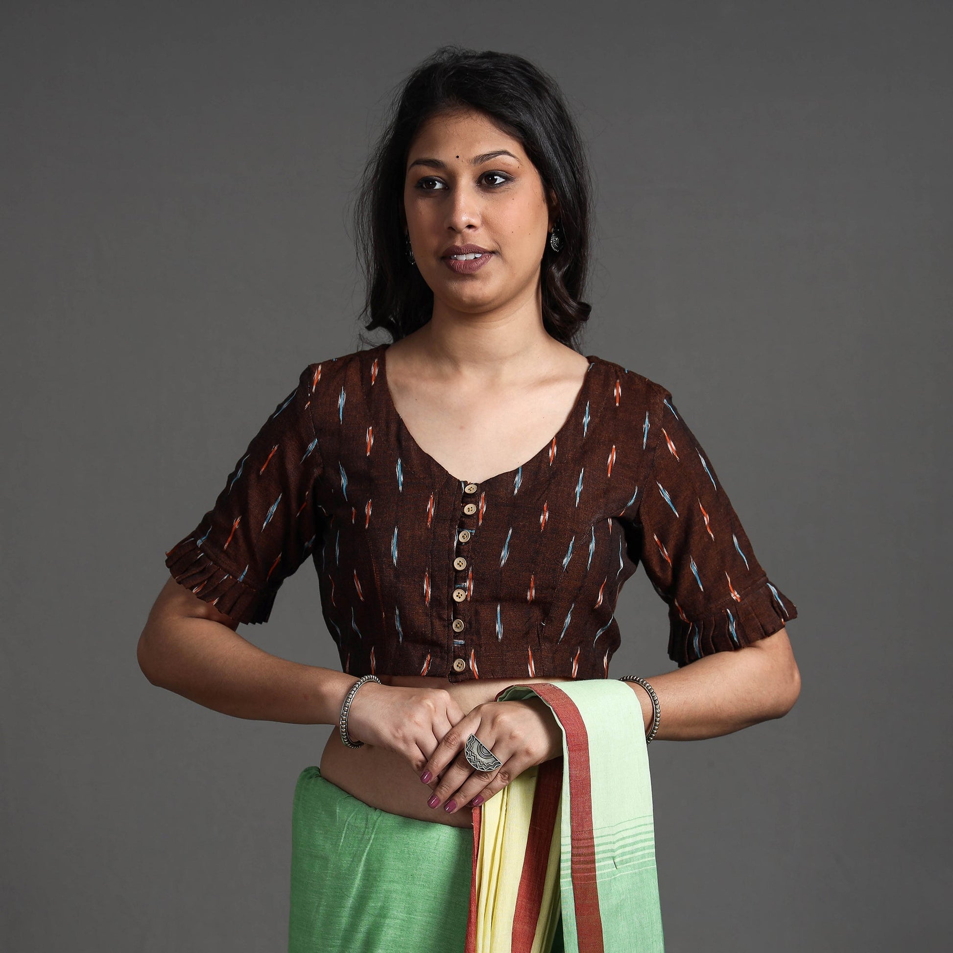 Brown - Pochampally Ikat Cotton Stitched Blouse