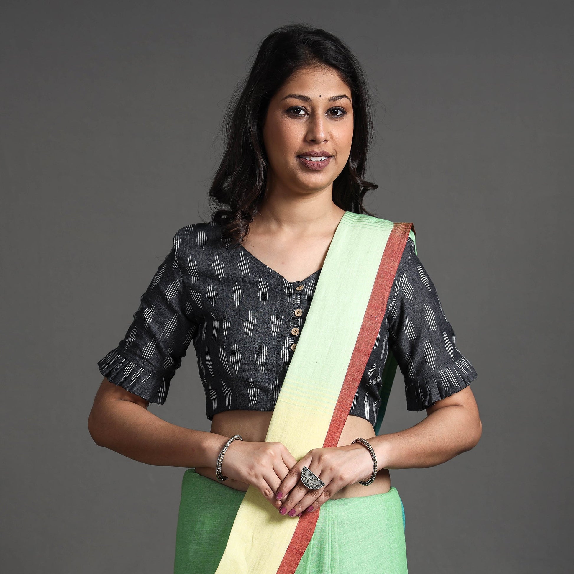 Black - Pochampally Ikat Cotton Stitched Blouse