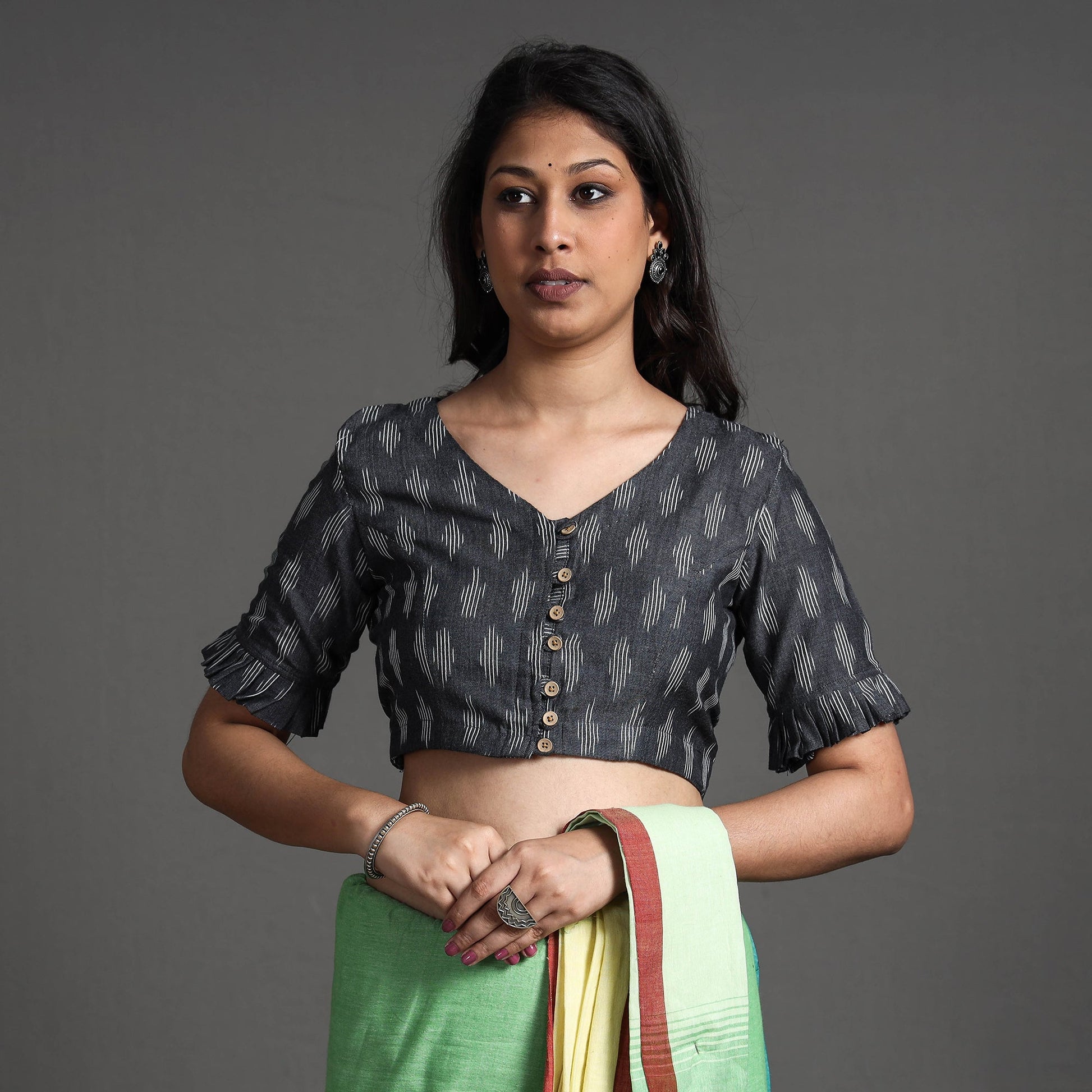 Black - Pochampally Ikat Cotton Stitched Blouse