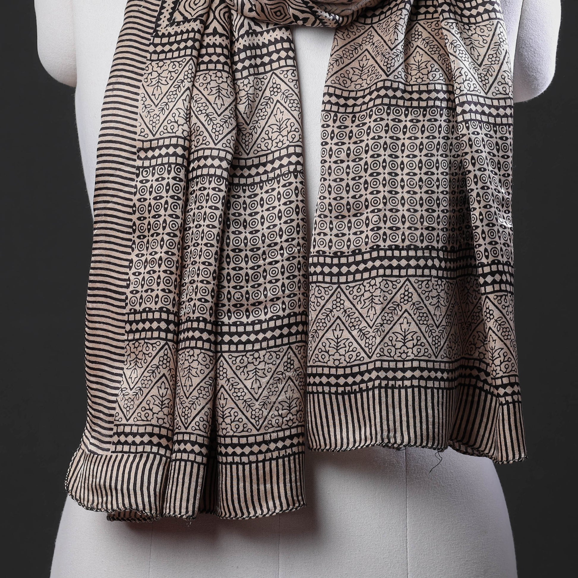 Beige - Bagh Block Printing Natural Dyed Gajji Silk Stole
