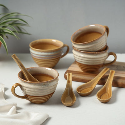 Brown - Hand Glazed Ceramic Cups with Spoon (Set of 4, 350 ml)