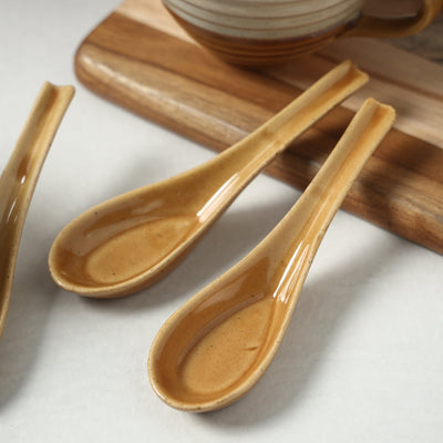 Brown - Hand Glazed Ceramic Cups with Spoon (Set of 4, 350 ml)