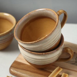 Brown - Hand Glazed Ceramic Cups with Spoon (Set of 4, 350 ml)