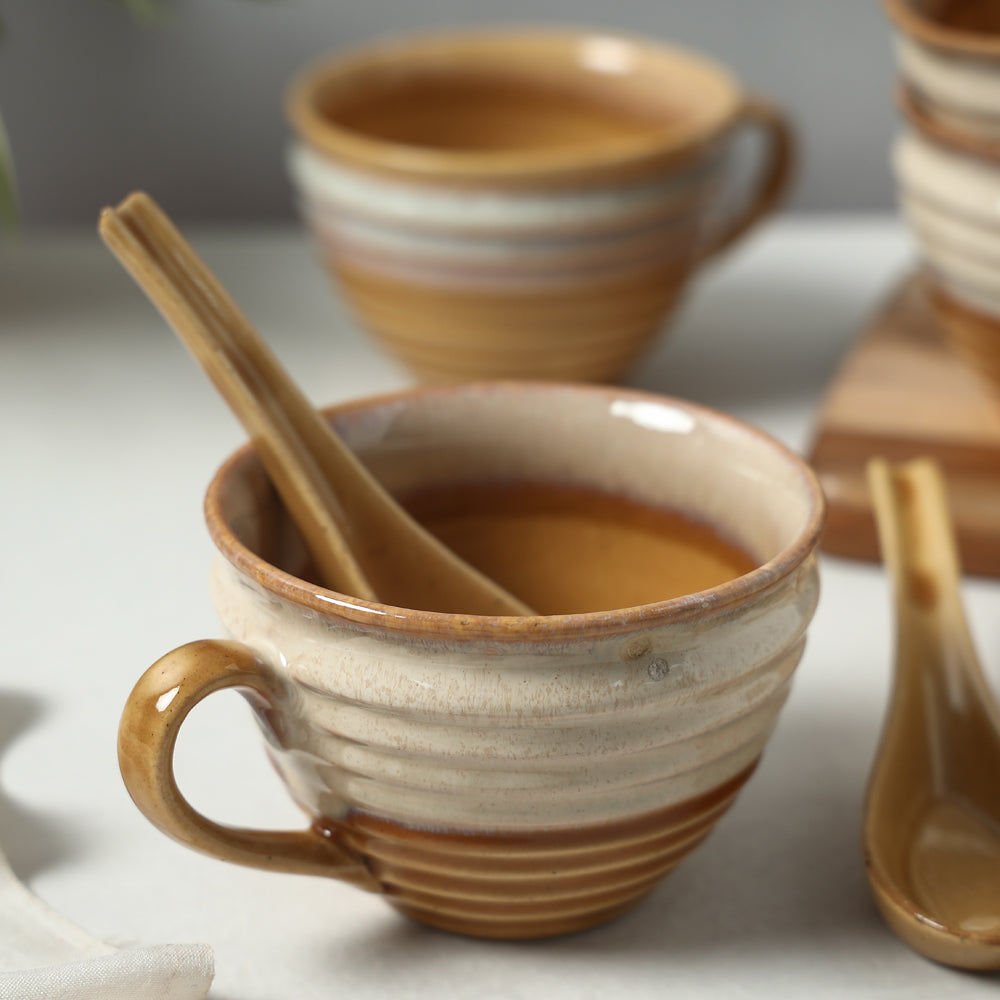 Brown - Hand Glazed Ceramic Cups with Spoon (Set of 4, 350 ml)