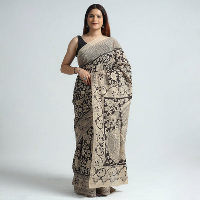 Black - Kalamkari Printed Cotton Saree with Blouse Piece 01