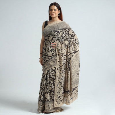 Black - Kalamkari Printed Cotton Saree with Blouse Piece 01