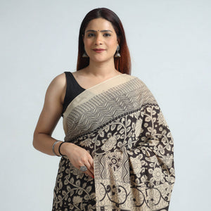 Black - Kalamkari Printed Cotton Saree with Blouse Piece 01