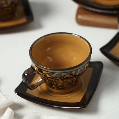 Brown - Royal Mughal Handpainted Ceramic Cups Saucers Set (Set of 6)