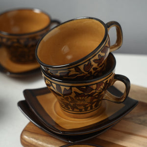 Brown - Royal Mughal Handpainted Ceramic Cups Saucers Set (Set of 6)