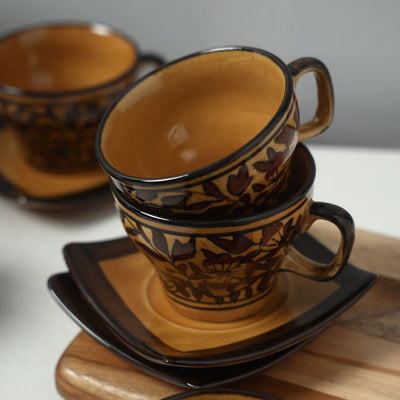 Brown - Royal Mughal Handpainted Ceramic Cups Saucers Set (Set of 6)