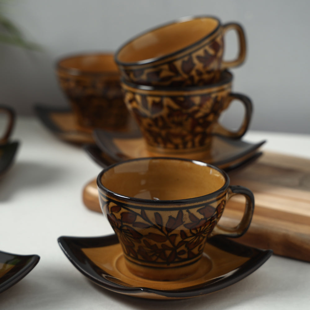 Brown - Royal Mughal Handpainted Ceramic Cups Saucers Set (Set of 6)