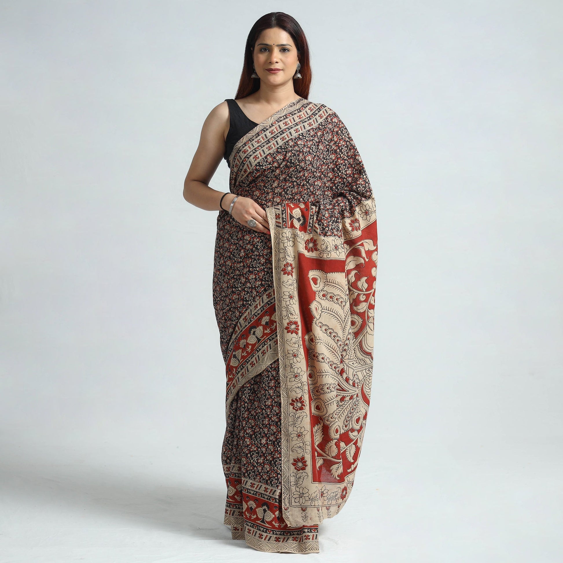 Black - Kalamkari Printed Cotton Saree with Blouse Piece 06