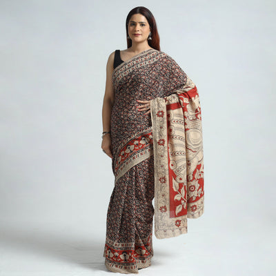 Black - Kalamkari Printed Cotton Saree with Blouse Piece 06