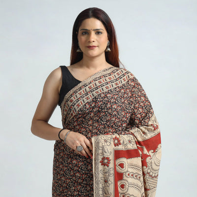 Black - Kalamkari Printed Cotton Saree with Blouse Piece 06