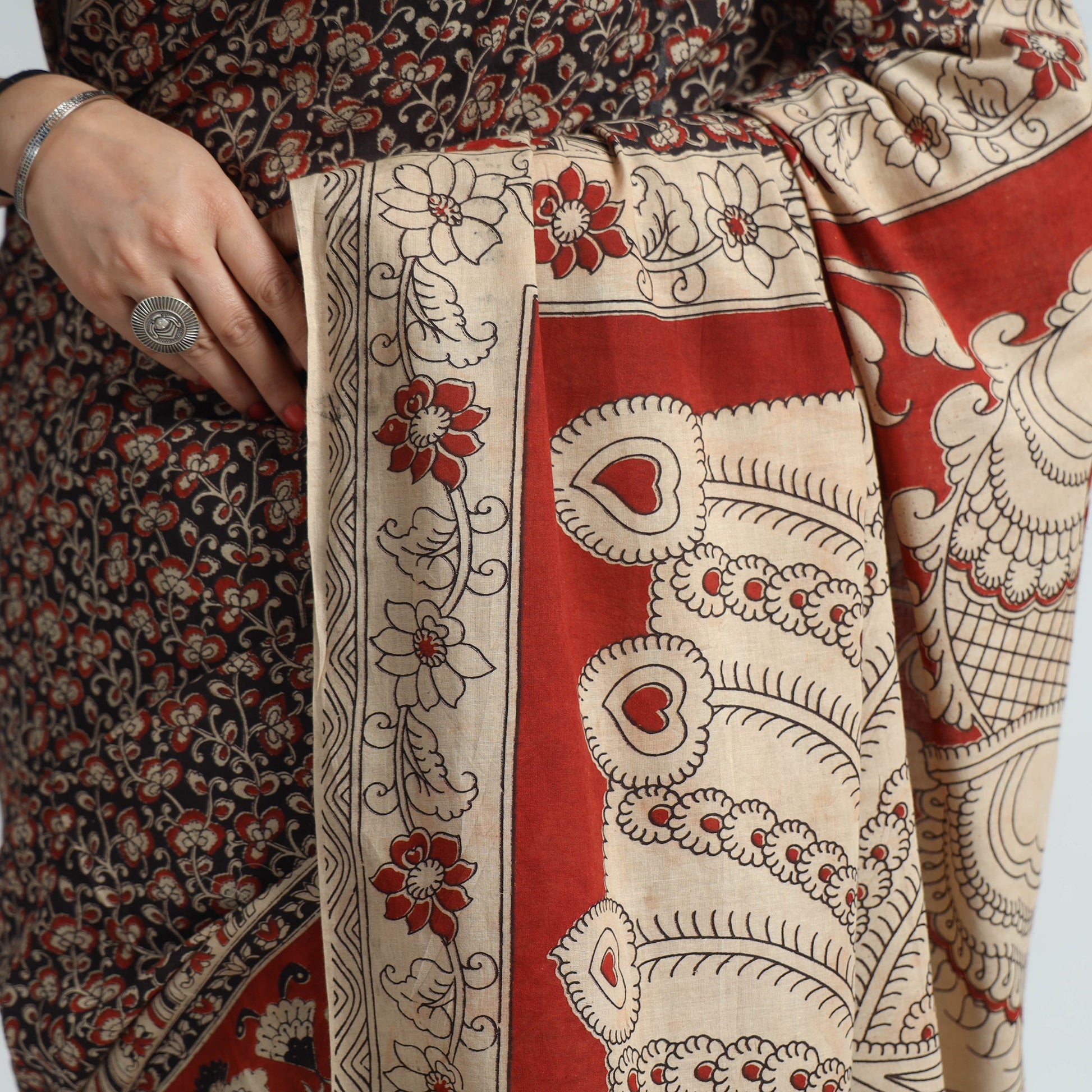 Black - Kalamkari Printed Cotton Saree with Blouse Piece 06