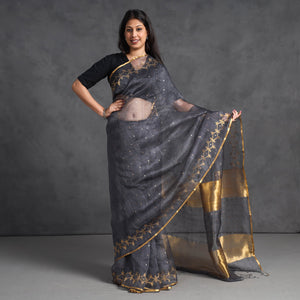 Black - Burdwan Sequin Work Handloom Muslin Silk Saree