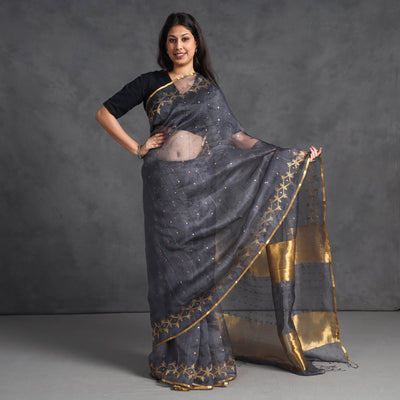 Black - Burdwan Sequin Work Handloom Muslin Silk Saree