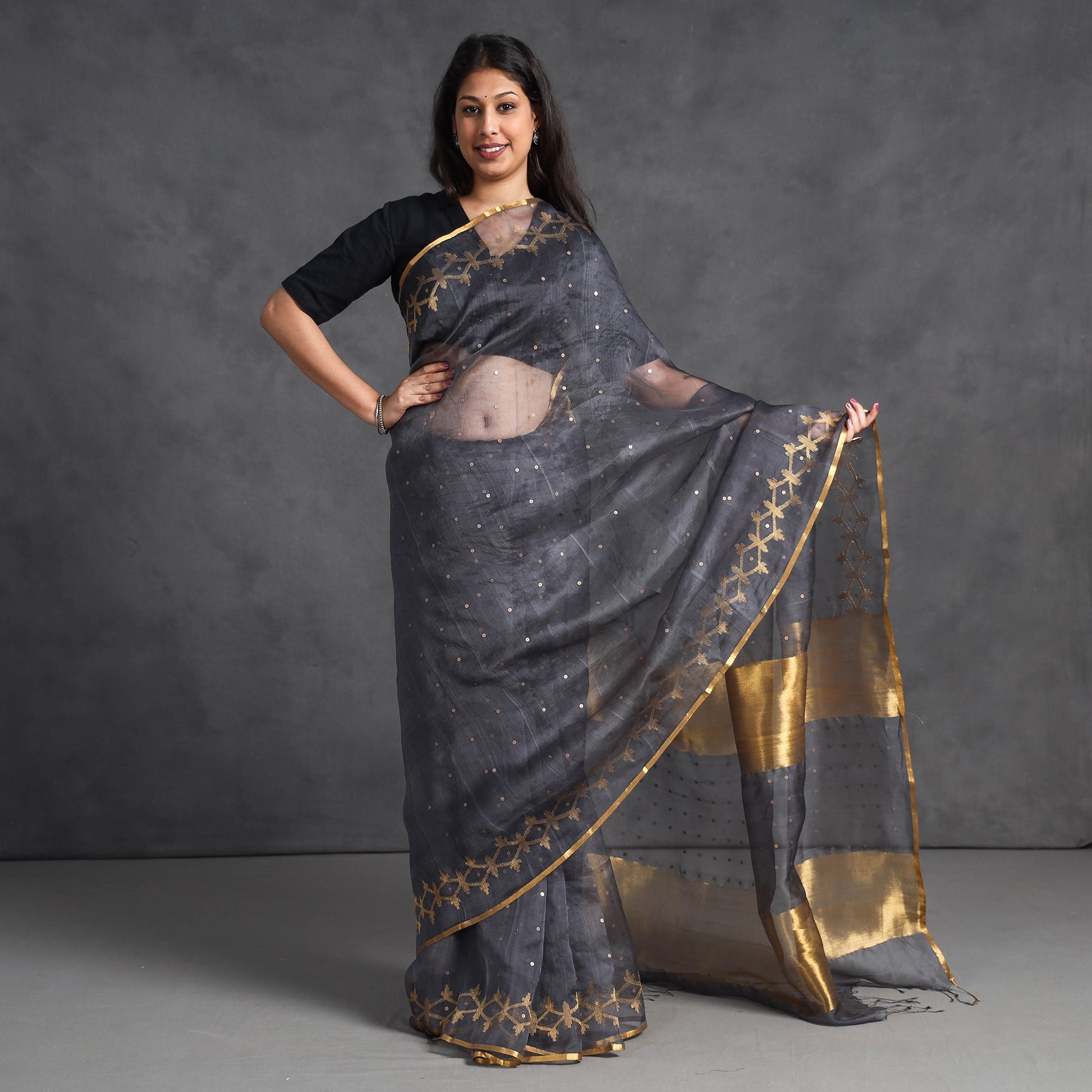 Black - Burdwan Sequin Work Handloom Muslin Silk Saree
