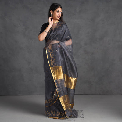 Black - Burdwan Sequin Work Handloom Muslin Silk Saree