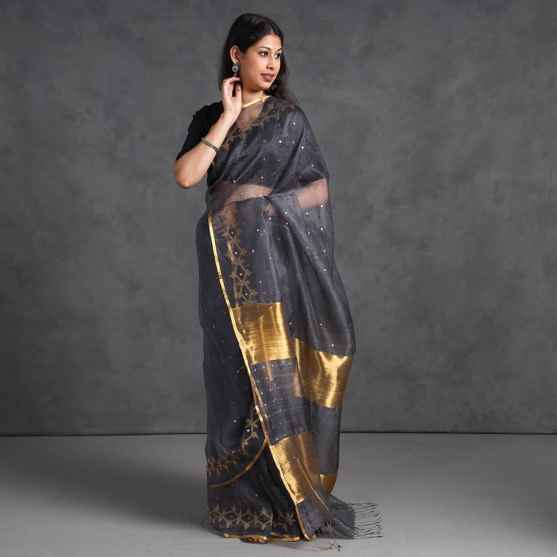 Black - Burdwan Sequin Work Handloom Muslin Silk Saree