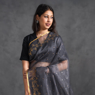 Black - Burdwan Sequin Work Handloom Muslin Silk Saree