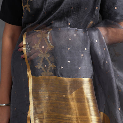 Black - Burdwan Sequin Work Handloom Muslin Silk Saree