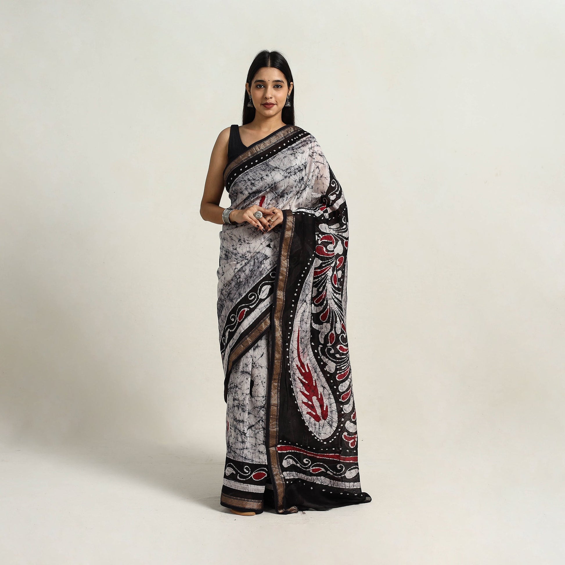 Black - Silk Cotton Hand Batik Print Saree with Blouse 13