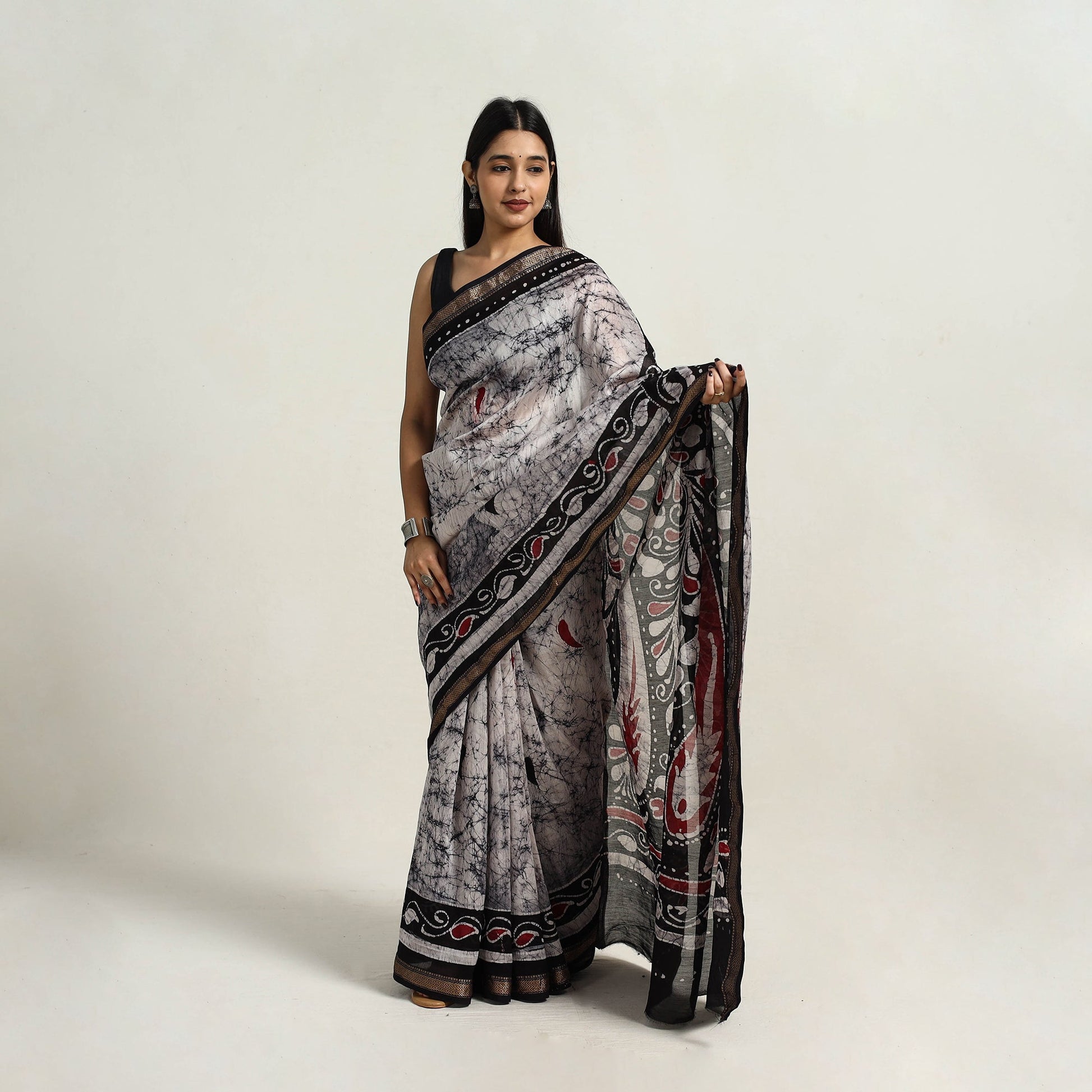 Black - Silk Cotton Hand Batik Print Saree with Blouse 13