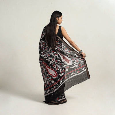 Black - Silk Cotton Hand Batik Print Saree with Blouse 13