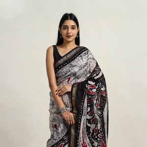 Black - Silk Cotton Hand Batik Print Saree with Blouse 13